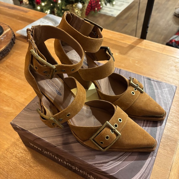 New Free People x Jeffrey Campbell Tan Suede Hendrix Strap Heels Size 10 - Picture 2 of 15